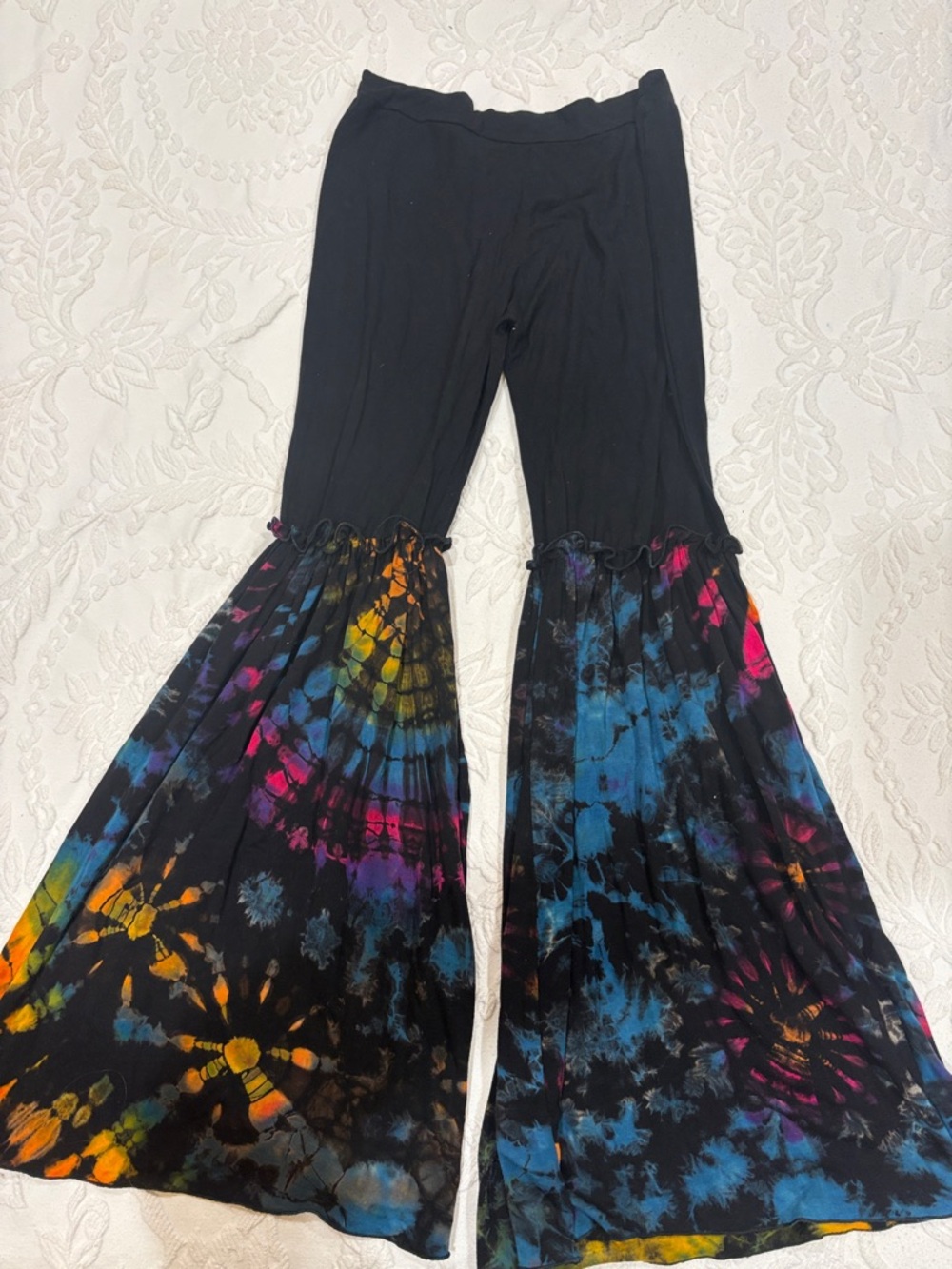 Black Tie-Dye Bell Bottom Pants with Colorful Burst
